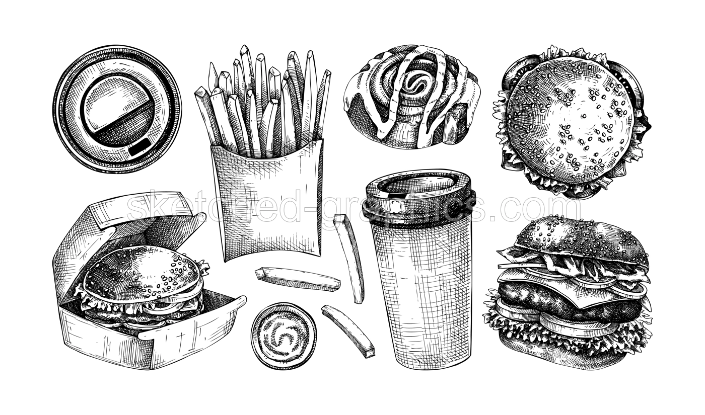 Fast food hand drawn vector illustrations. Burger, coffee cup, French fries sketches. Takeaway food or restaurant delivery service vintage style design elements.  Illustration